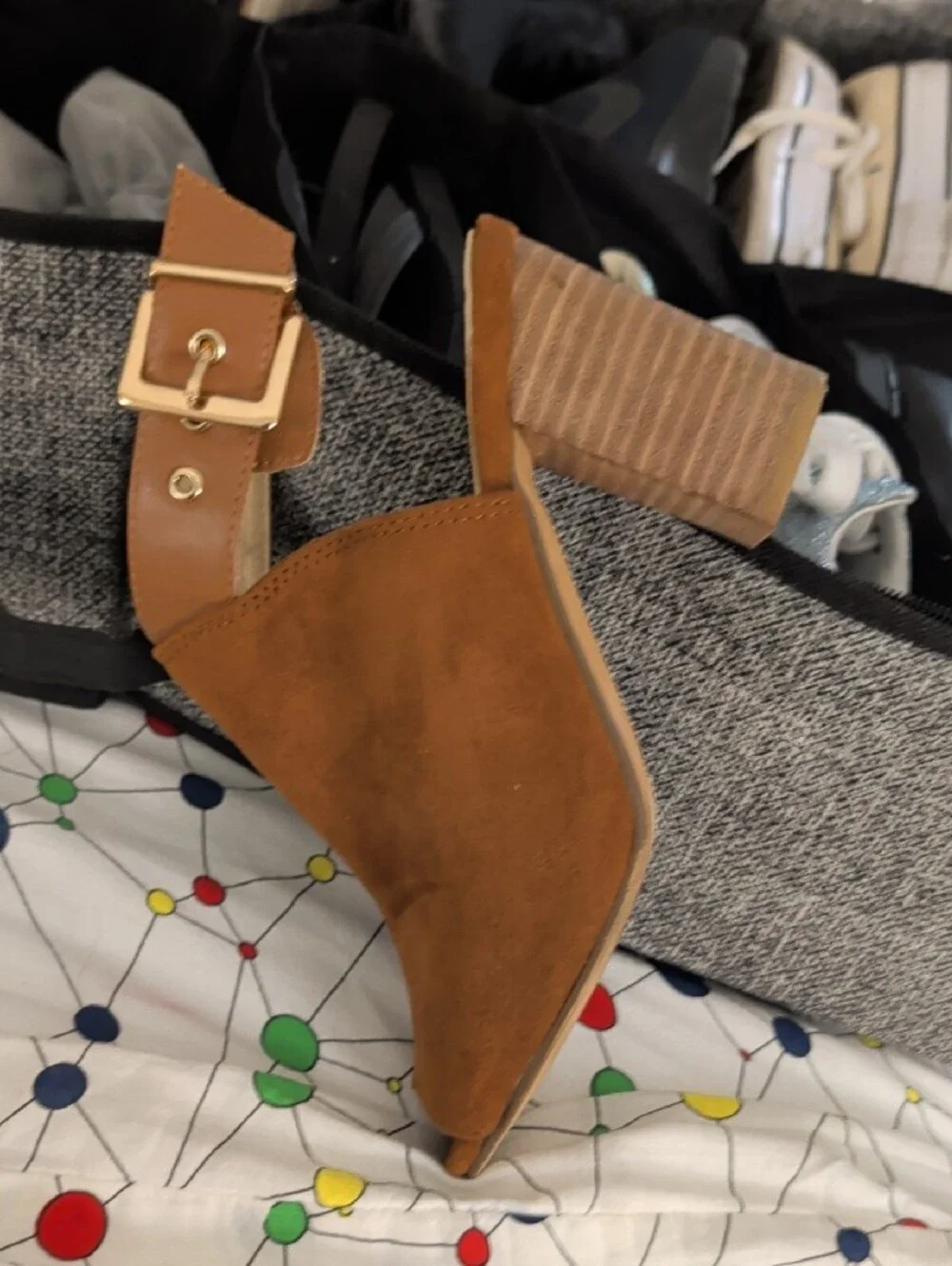 Women’s Brown Suede Open-Toe Block Heel Booties with Buckle Strap